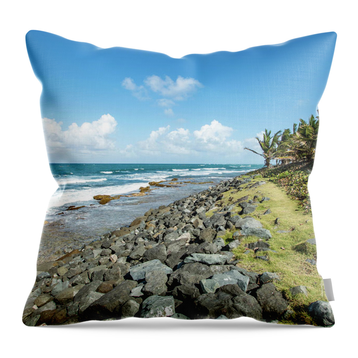 Palm Trees Throw Pillow featuring the photograph Rocky Coastline, Old San Juan, Puerto Rico by Beachtown Views