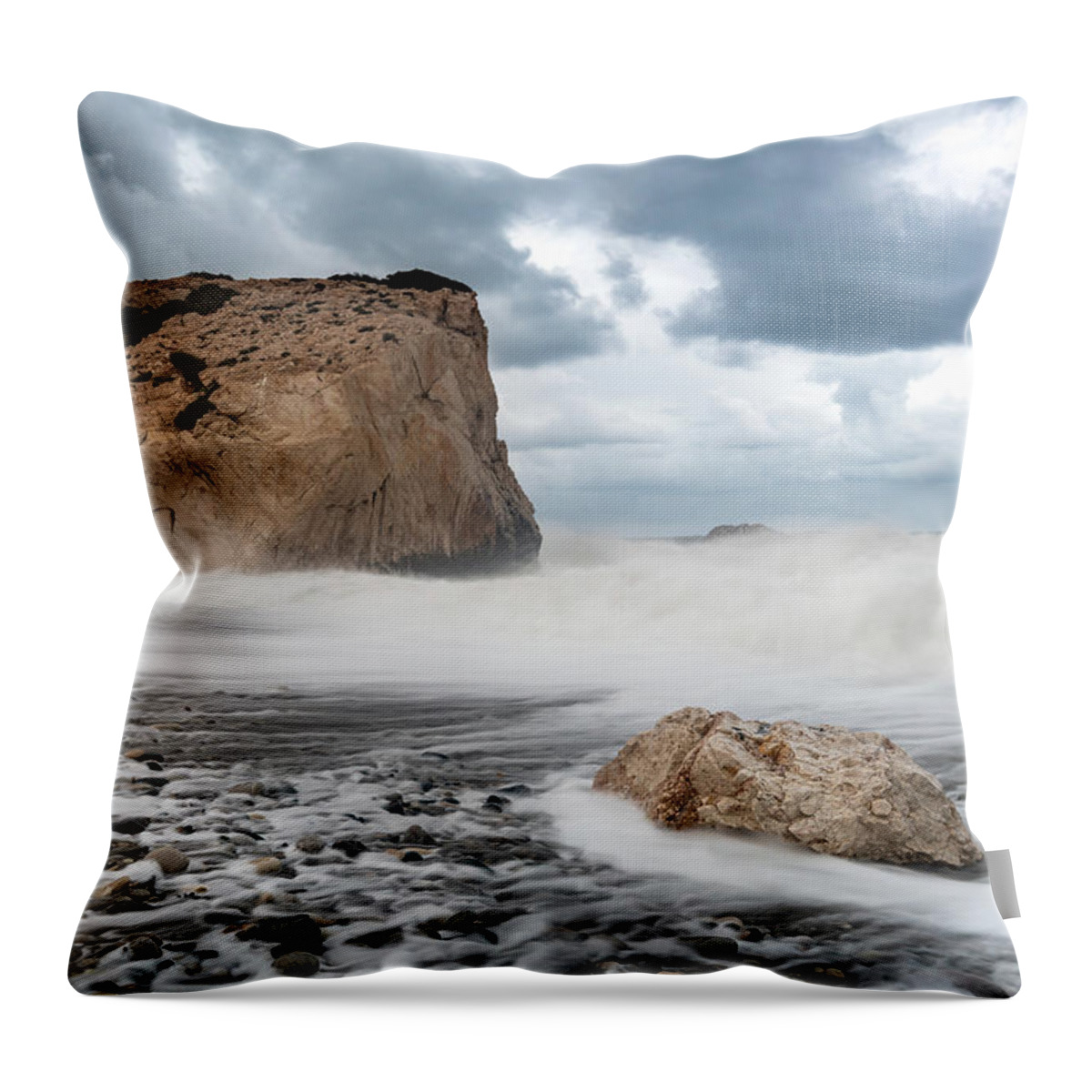 Waves Throw Pillow featuring the photograph Rocky Seascape during Storm by Michalakis Ppalis