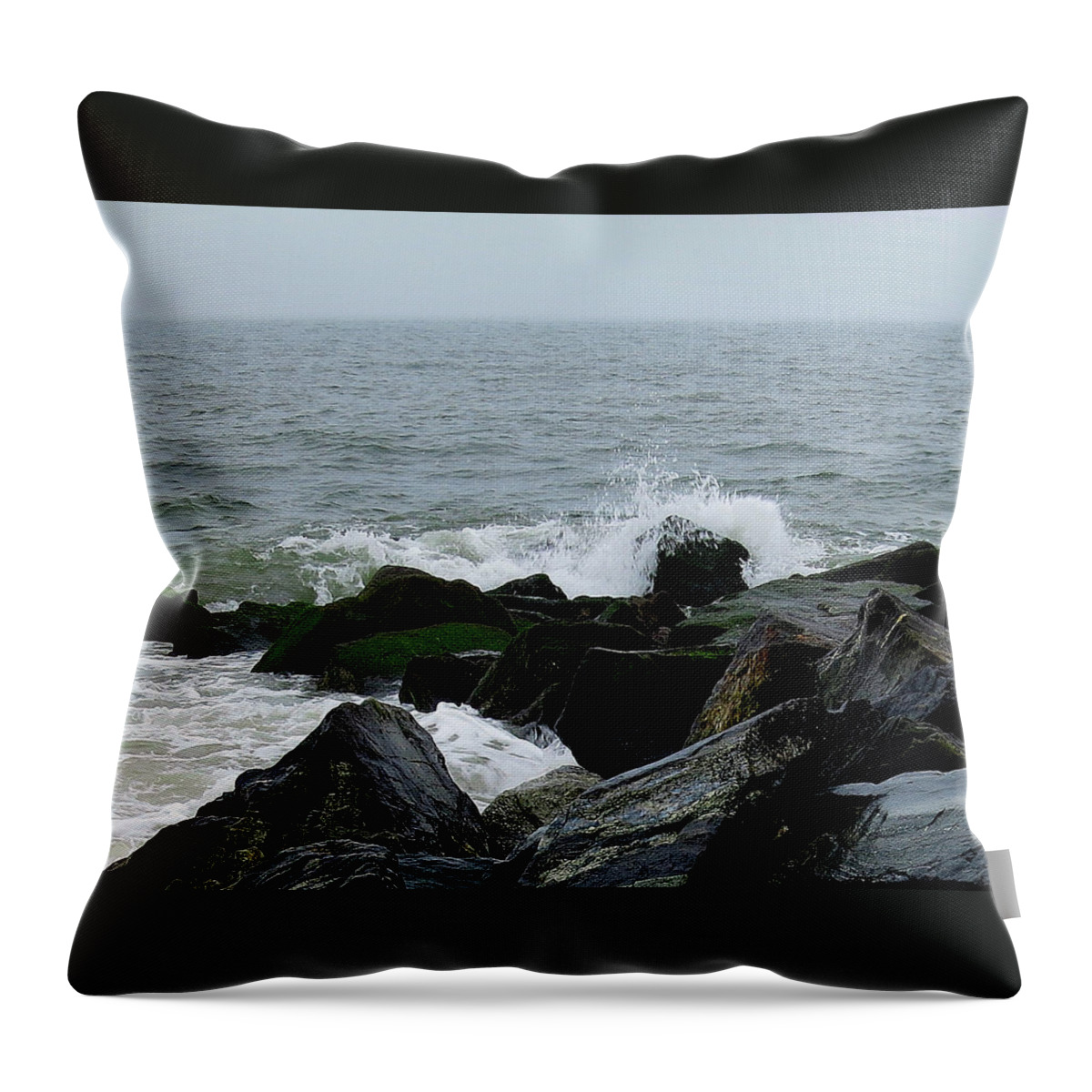 Waves Throw Pillow featuring the photograph Rocky Shores of the Atlantic Ocean in Cape May New Jersey by Linda Stern