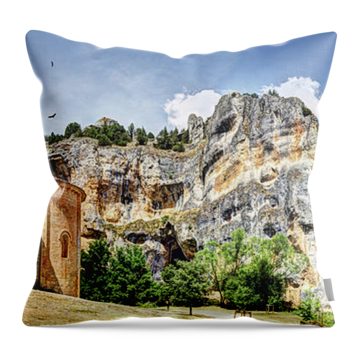 Templar Hermitage Throw Pillow featuring the photograph Romanesque Mountain Church - Long Vintage version by Weston Westmoreland
