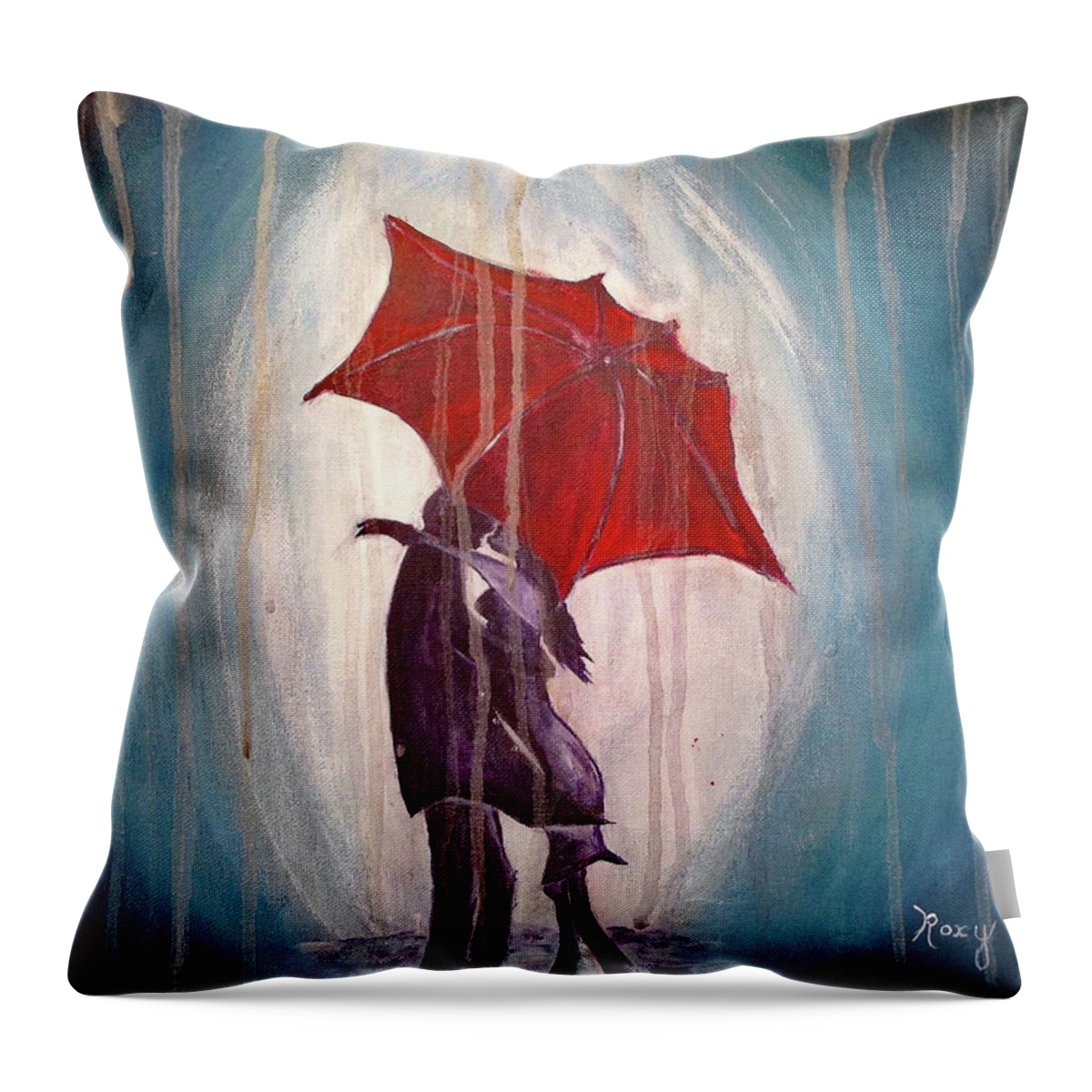 Romantic Couple Throw Pillow featuring the painting Romantic Couple under Umbrella by Roxy Rich