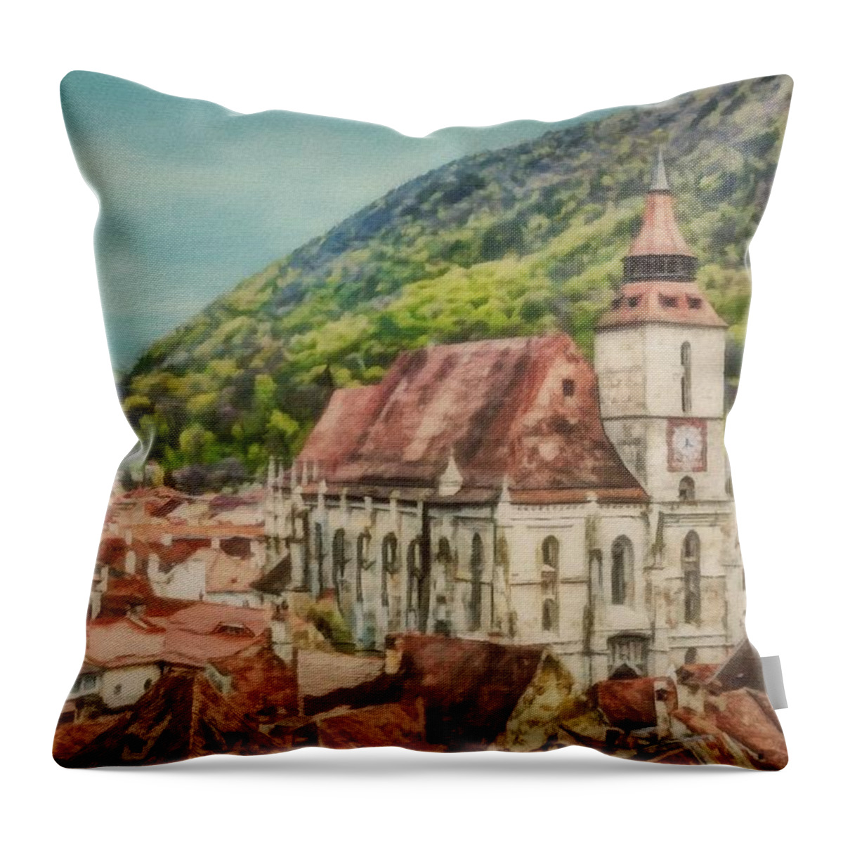 Brasov Throw Pillow featuring the painting Rooftops of Brasov by Jeffrey Kolker