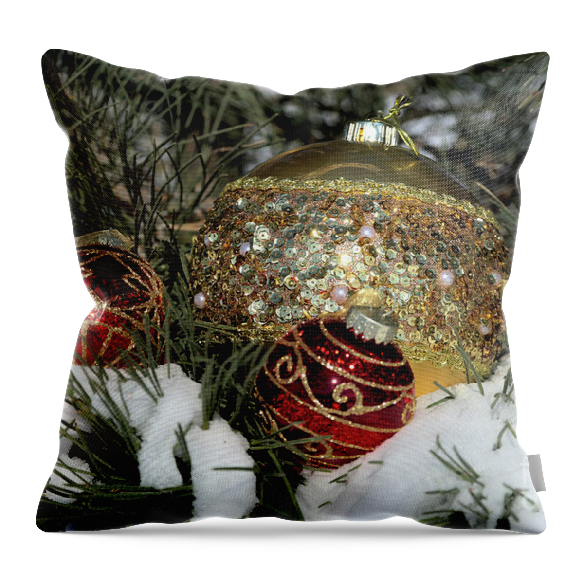 Fextive Throw Pillow featuring the photograph Round Holiday Ornaments Outdoors by Kae Cheatham