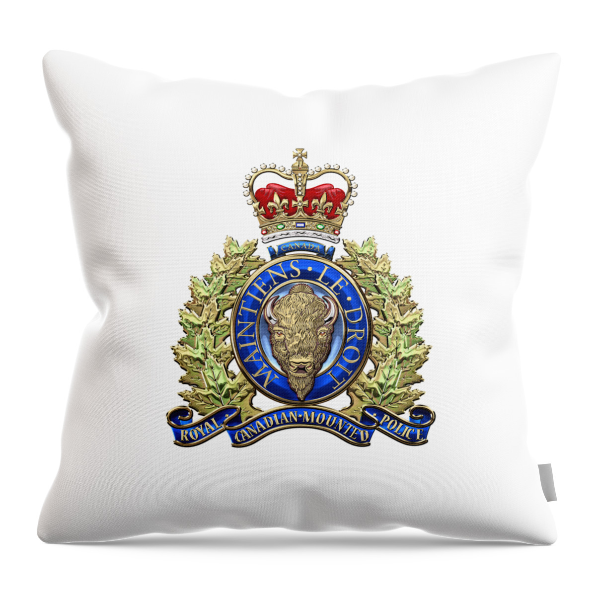 'insignia & Heraldry' Collection By Serge Averbukh Throw Pillow featuring the digital art Royal Canadian Mounted Police - R C M P Badge over White Leather by Serge Averbukh