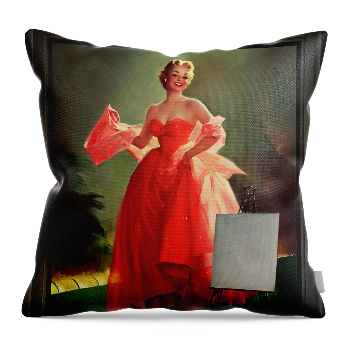 Runway Model Throw Pillow featuring the painting Runway Model In A Pink Dress by Gil Elvgren Pin-up Girl Wall Decor Artwork by Rolando Burbon