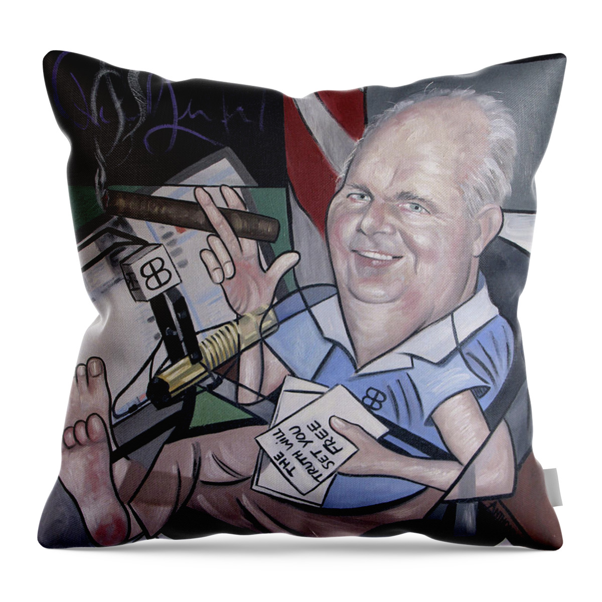 Rush Limbaugh Throw Pillow featuring the painting Rush Limbough, Talent On Loan From God by Anthony Falbo