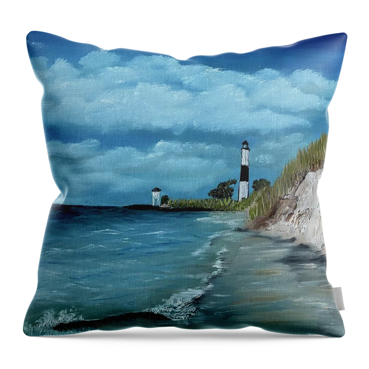 Oil Painting Throw Pillow featuring the painting Sable Lighthouse by Lisa White