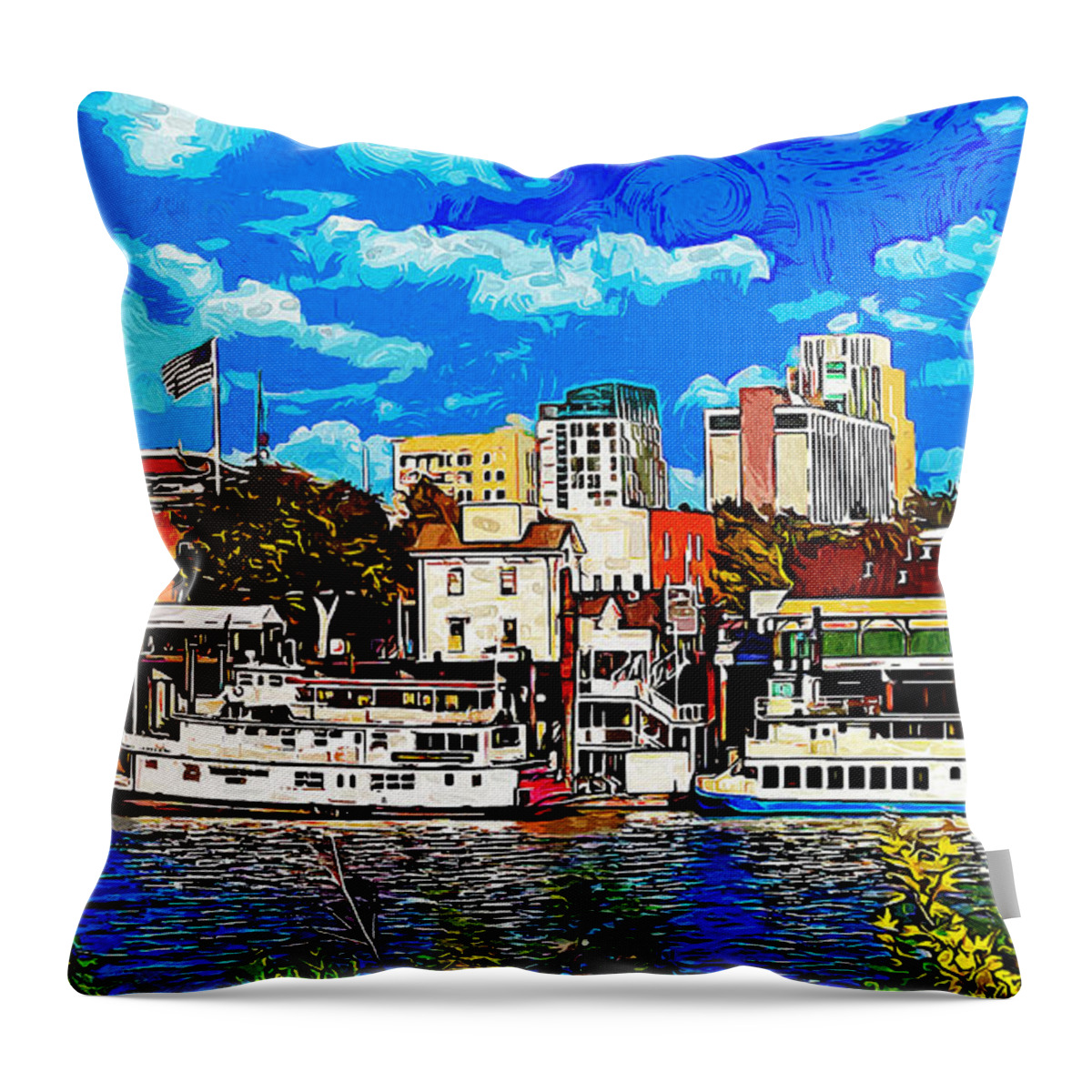 Sacramento Throw Pillow featuring the digital art Sacramento cityscape from the riverwalk - impressionist painting by Nicko Prints