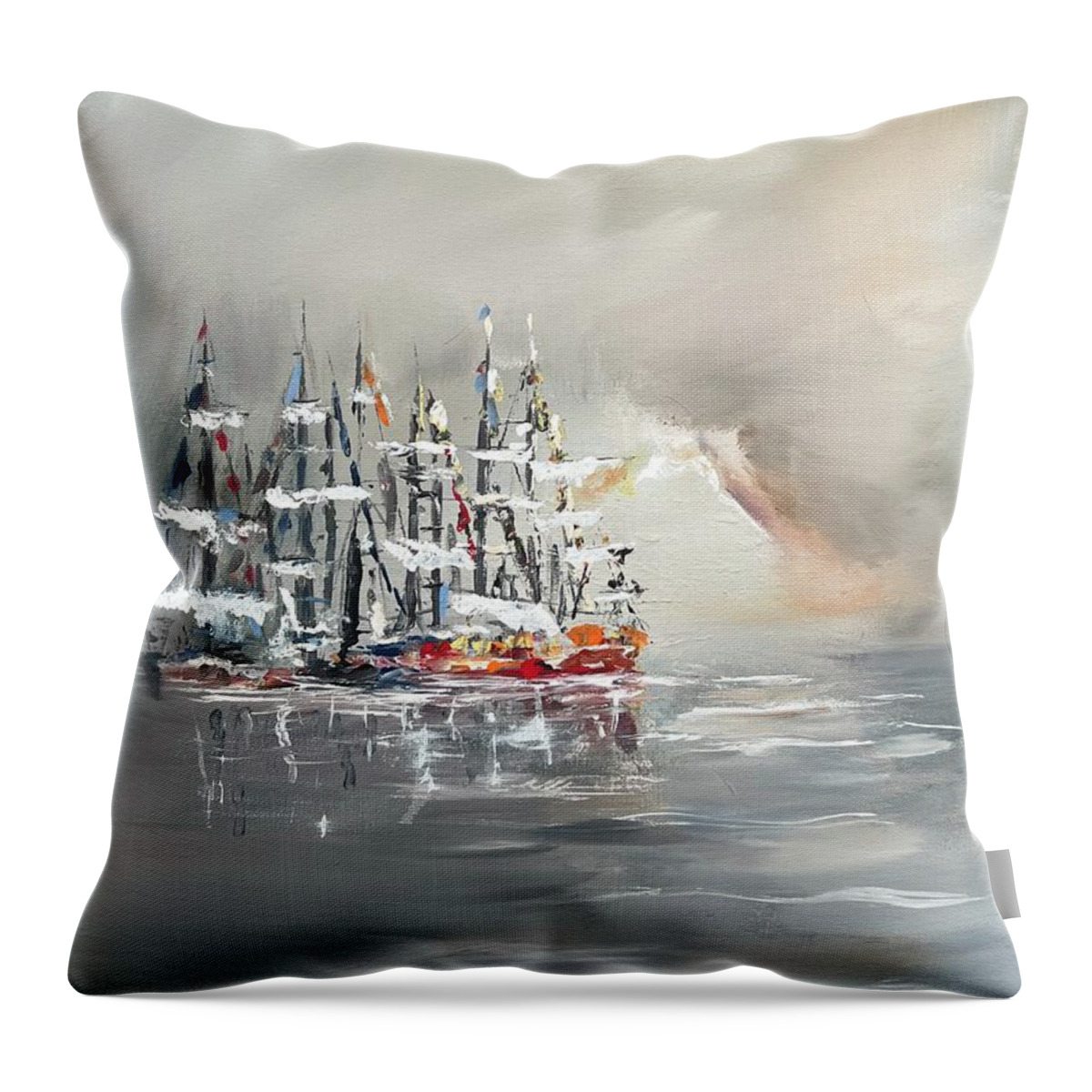 Sailing Boats At Harbor Miroslaw Chelchowski Acrylic Painting Print Ocean Dark Rest Boats Cloudy Seascape Water Gray Throw Pillow featuring the painting Sailing boats at harbor by Miroslaw Chelchowski