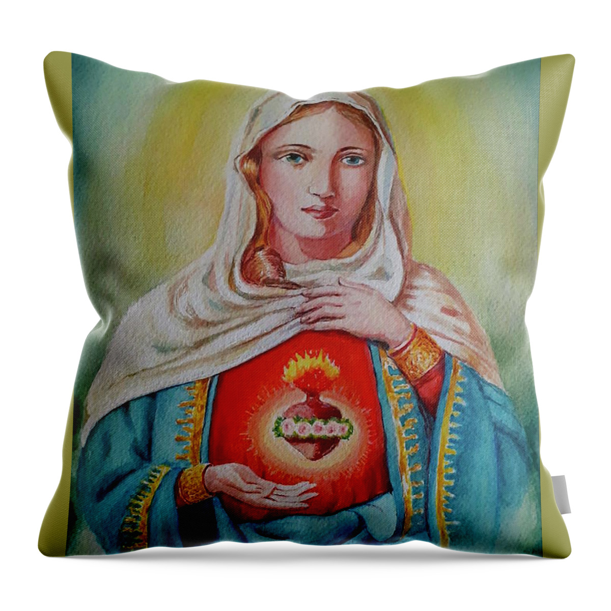 Saint Mary Throw Pillow featuring the painting Saint Mary s sacred heart by Carolina Prieto Moreno