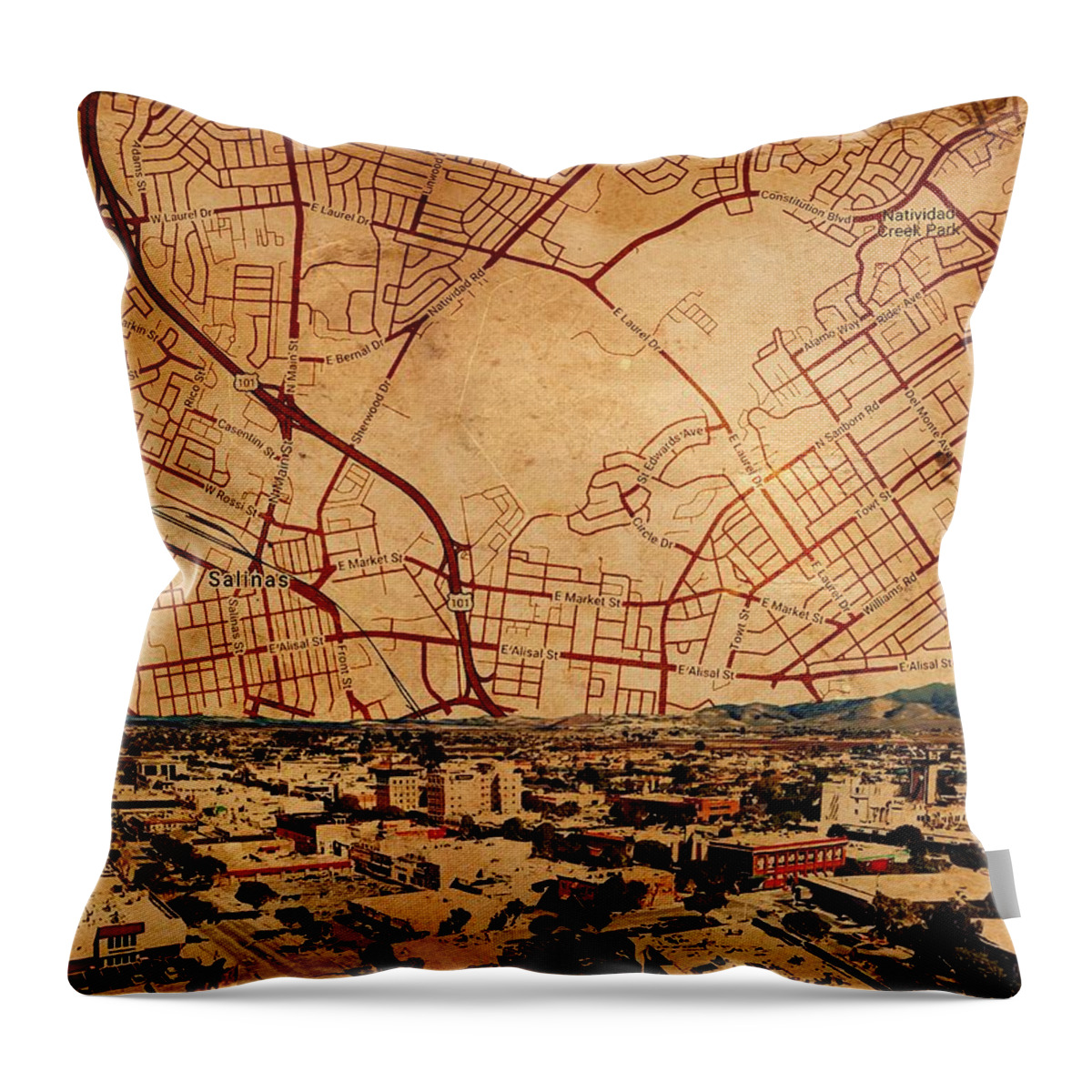 Salinas Throw Pillow featuring the digital art Salinas, California - panorama and map of the central part by Nicko Prints