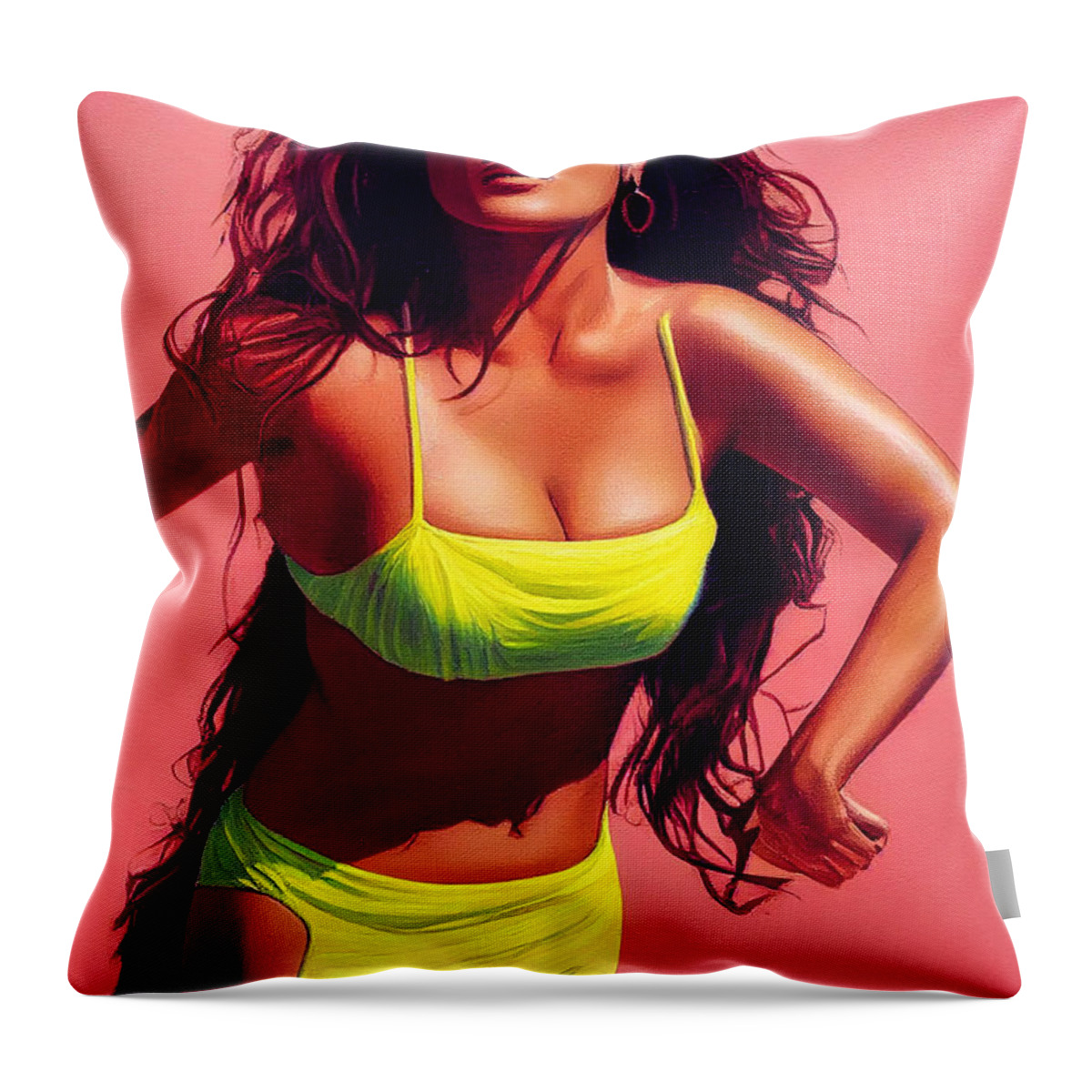Salma Hayek Throw Pillow featuring the digital art Salma Hayek Yellow Bikini by Craig Boehman