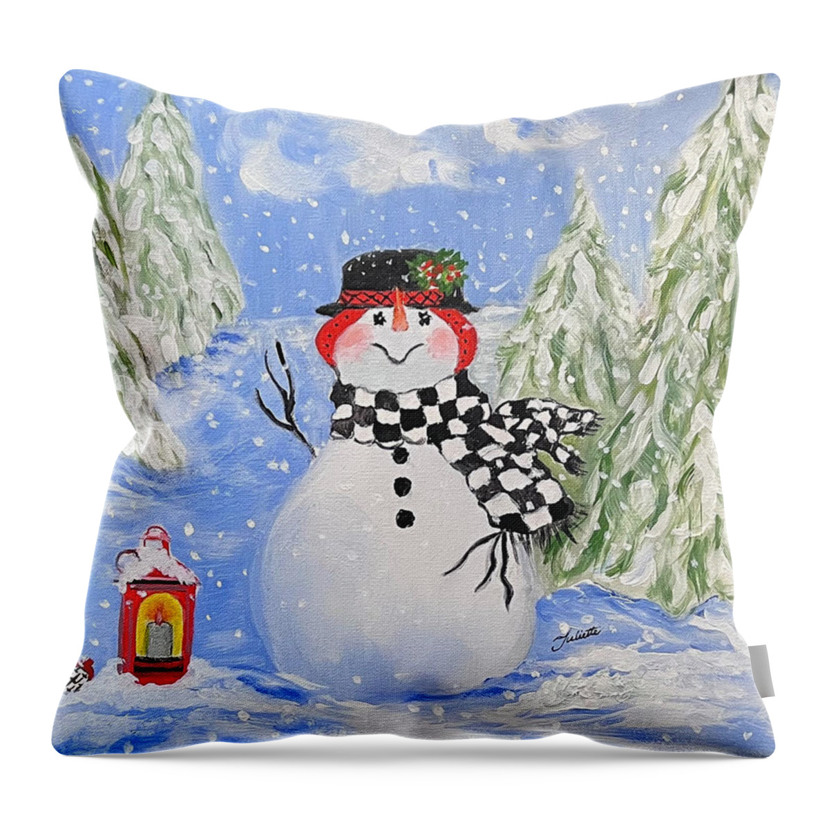 Snowman Throw Pillow featuring the painting Sammy the Snowman by Juliette Becker
