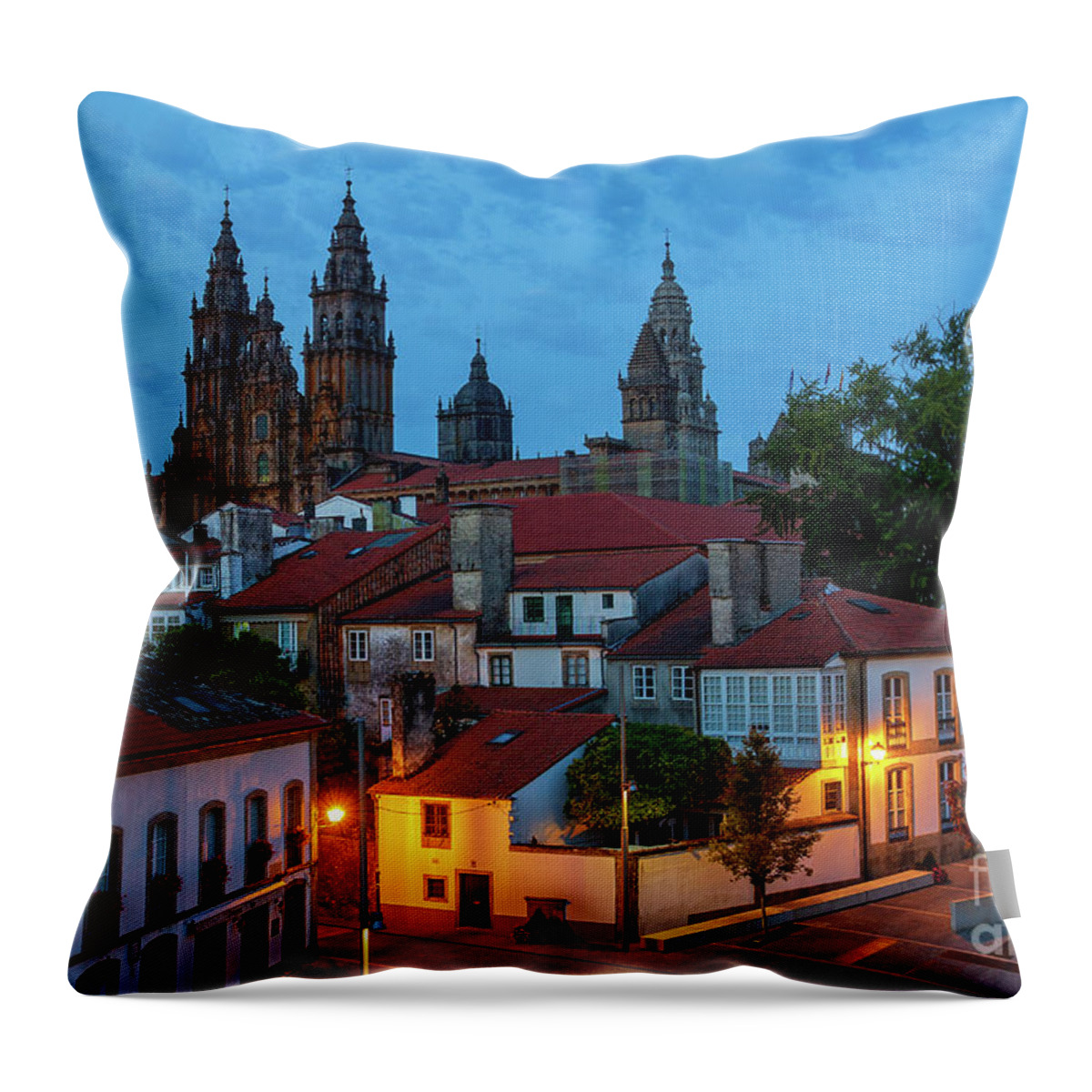 Way Throw Pillow featuring the photograph Santiago de Compostela Cathedral Spectacular View by Night Dusk with Street Lights and Tiled Roofs La Corua Galicia by Pablo Avanzini