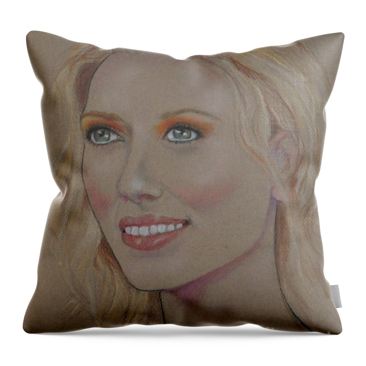 Scarlett Johansson Throw Pillow featuring the drawing Blond Bombshell No.5--Scarlett Johansson by Jayne Somogy