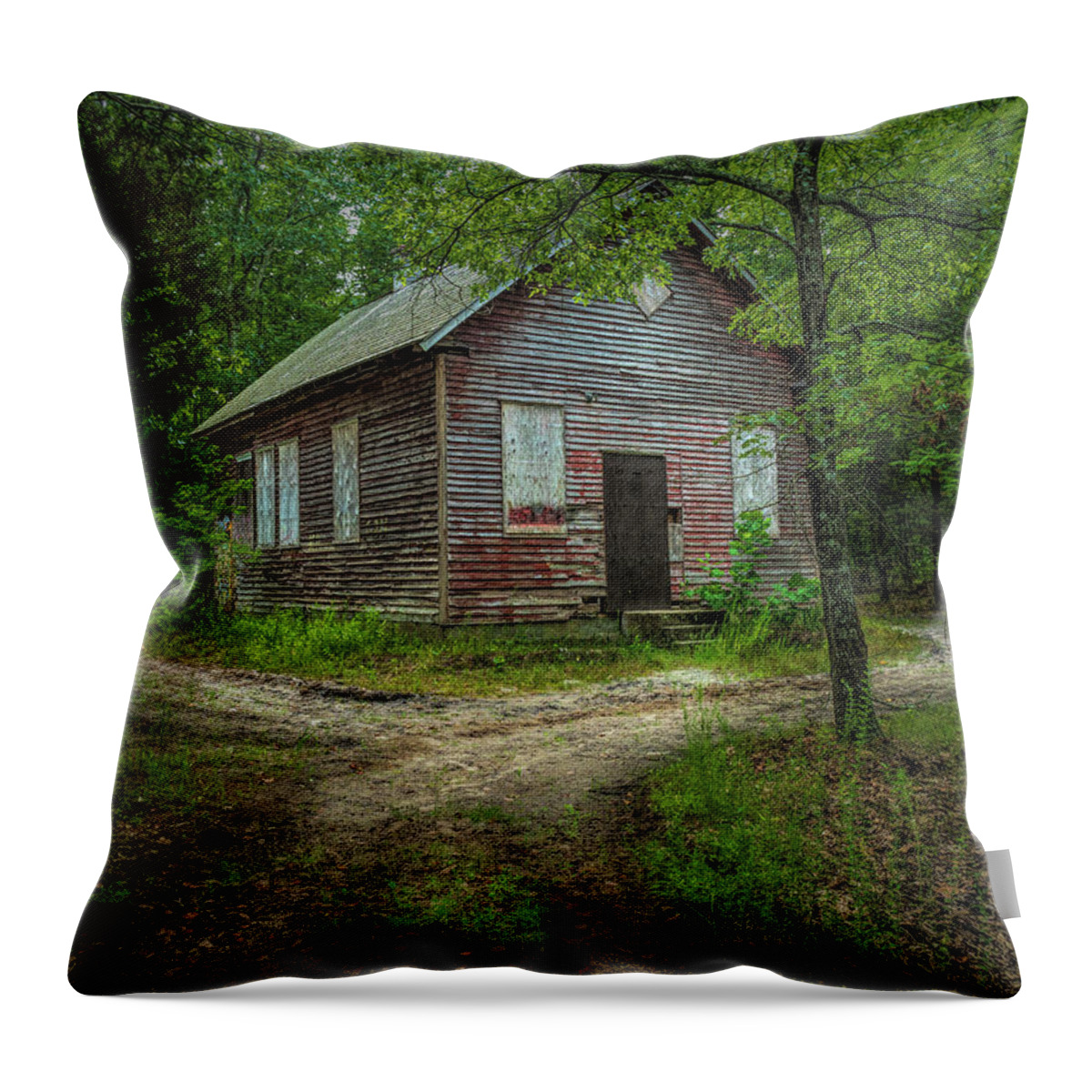 Atsion Throw Pillow featuring the photograph Schoolhouse In The Woods by Kristia Adams