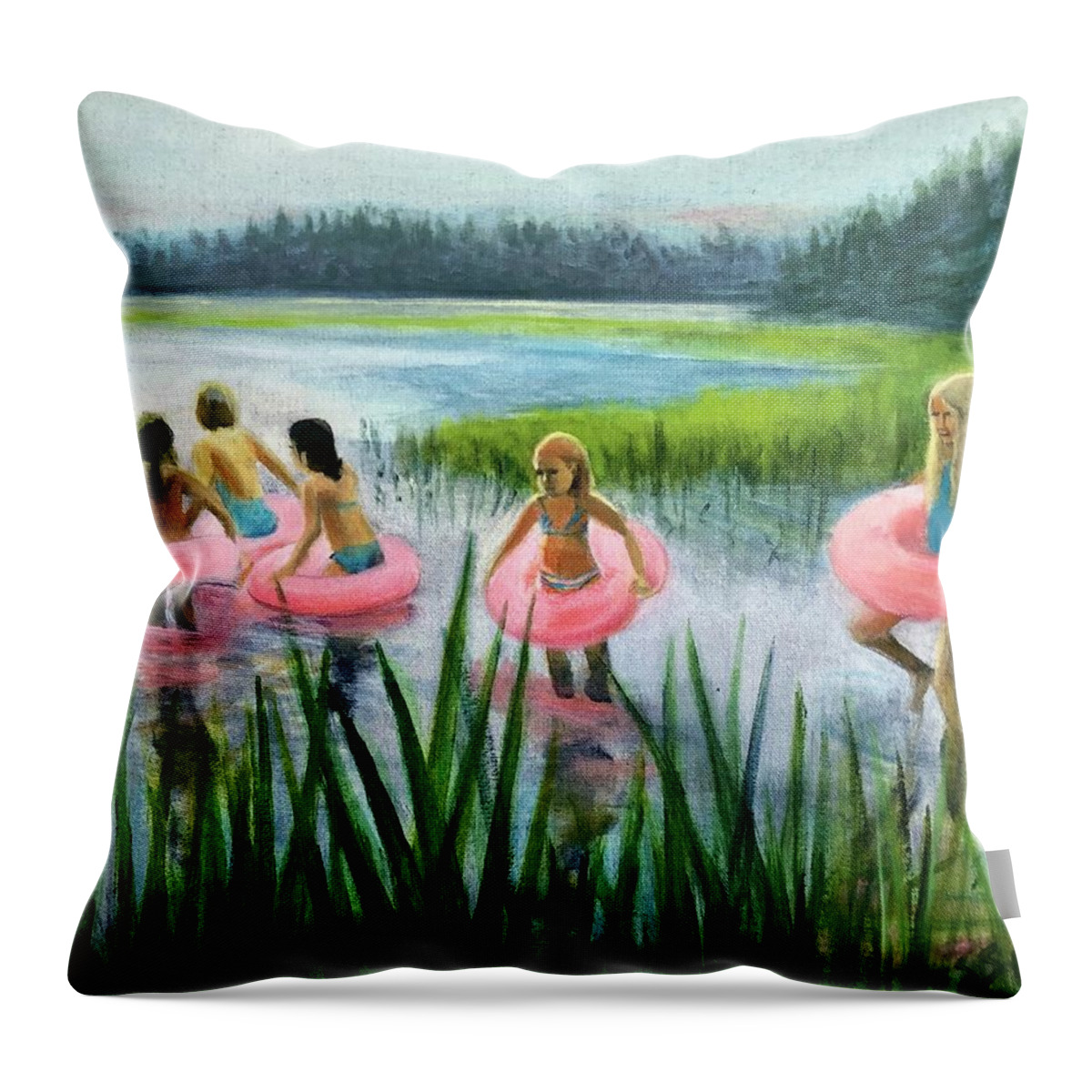 Pink Floaties Throw Pillow featuring the painting Scoby Pond Birthday by Cyndie Katz