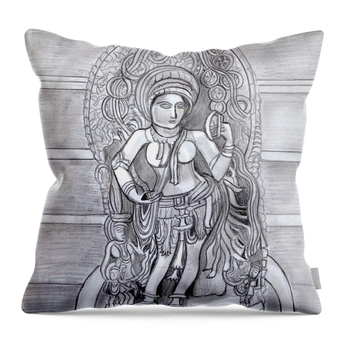 Sculpture Throw Pillow featuring the drawing Sculpture pencil drawing of Madanika Chennakesava temple Karnataka by Manjiri Kanvinde