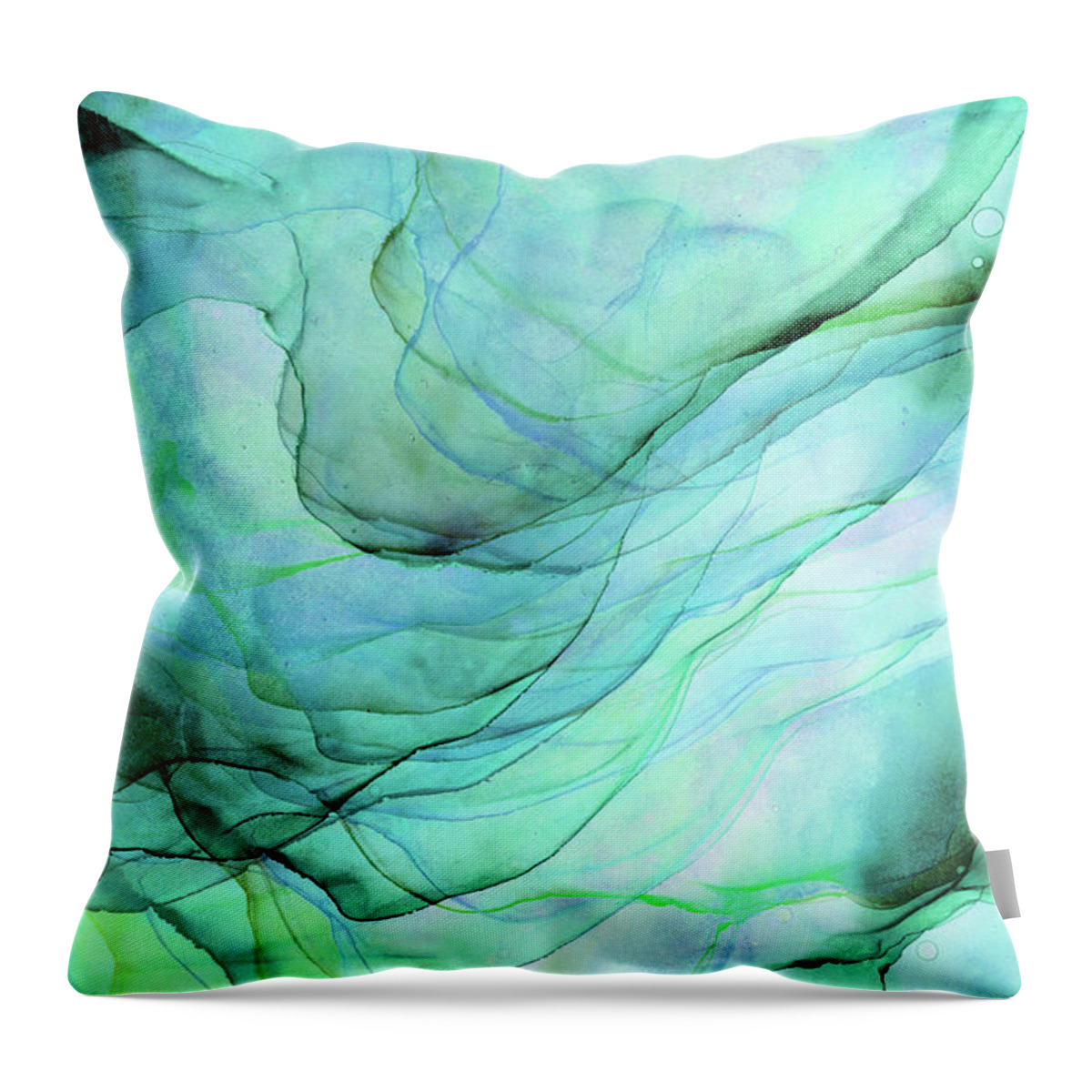 Sea Green Throw Pillow featuring the painting Sea Green Flowing Abstract Ink by Olga Shvartsur