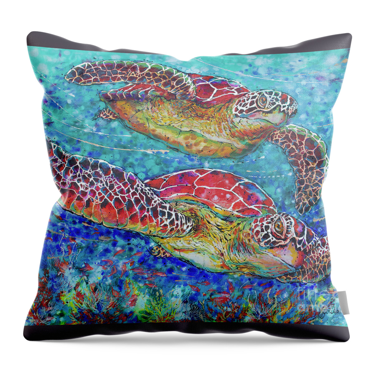  Throw Pillow featuring the painting Sea Turtles on Coral Reef II by Jyotika Shroff