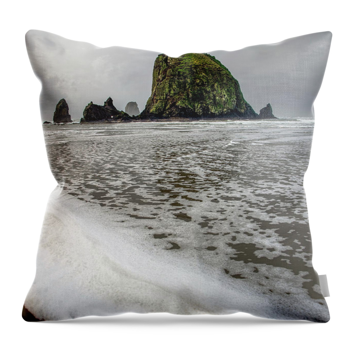 Cannon Beach Throw Pillow featuring the photograph Seafoam at Cannon Beach by Jerry Cahill