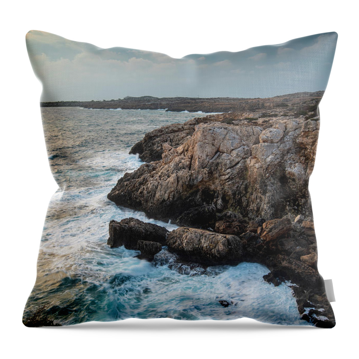 Stormy Sea Throw Pillow featuring the photograph Seascape with windy waves during stormy weather at sunset. by Michalakis Ppalis
