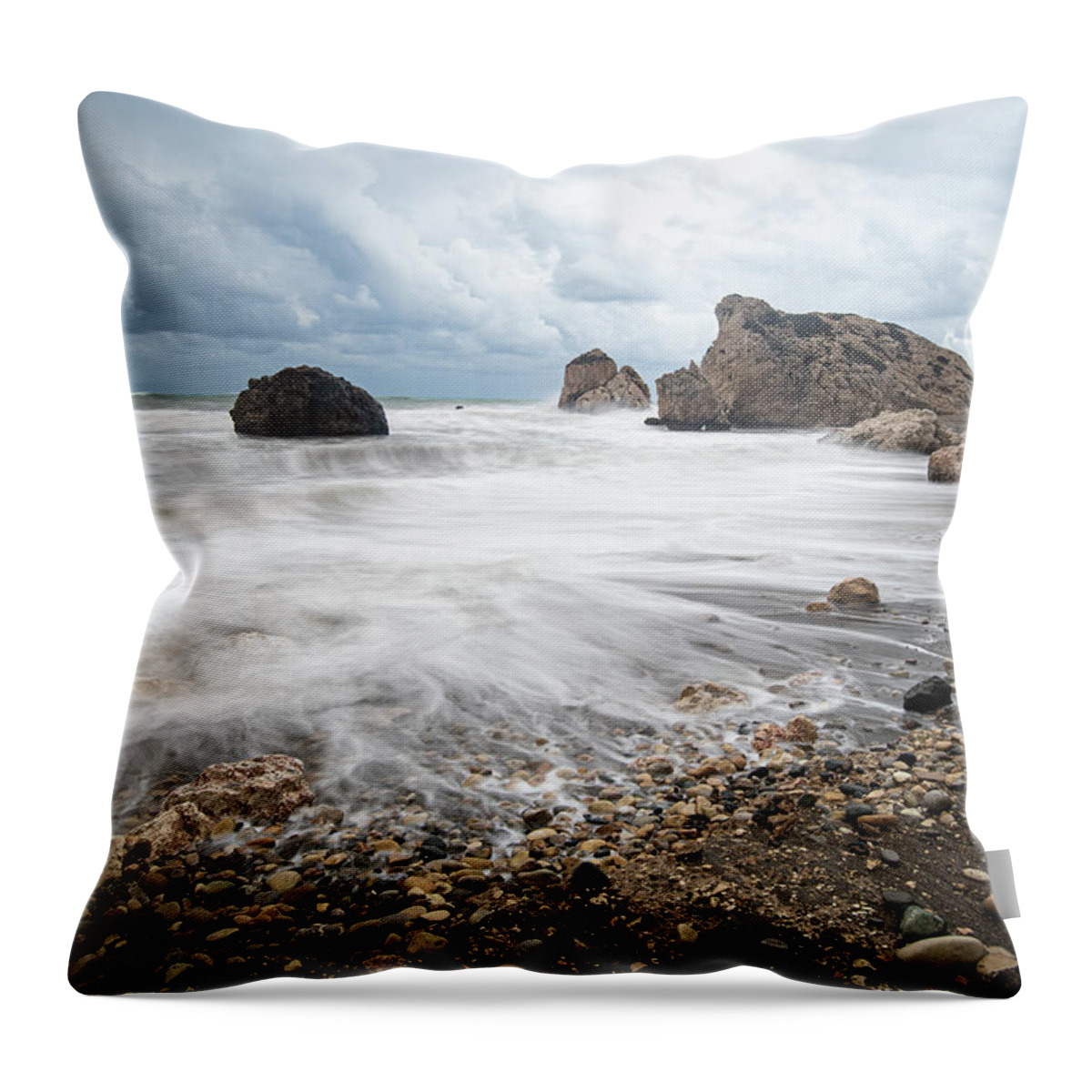 Sea Waves Throw Pillow featuring the photograph Seascape with windy waves during stormy weather on a rocky coast by Michalakis Ppalis