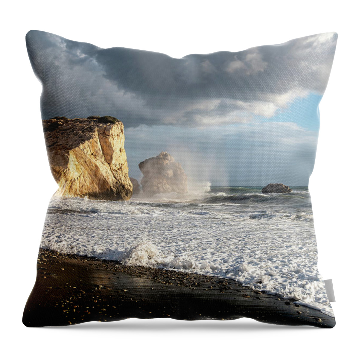 Seascape Throw Pillow featuring the photograph Seascape with windy waves splashing on the coast by Michalakis Ppalis
