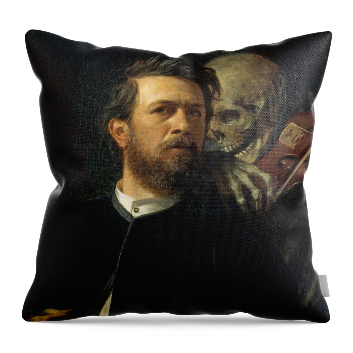 Arnold Boecklin Throw Pillow featuring the painting Self Portrait With Death Playing The Fiddle 1872 by Arnold Boecklin
