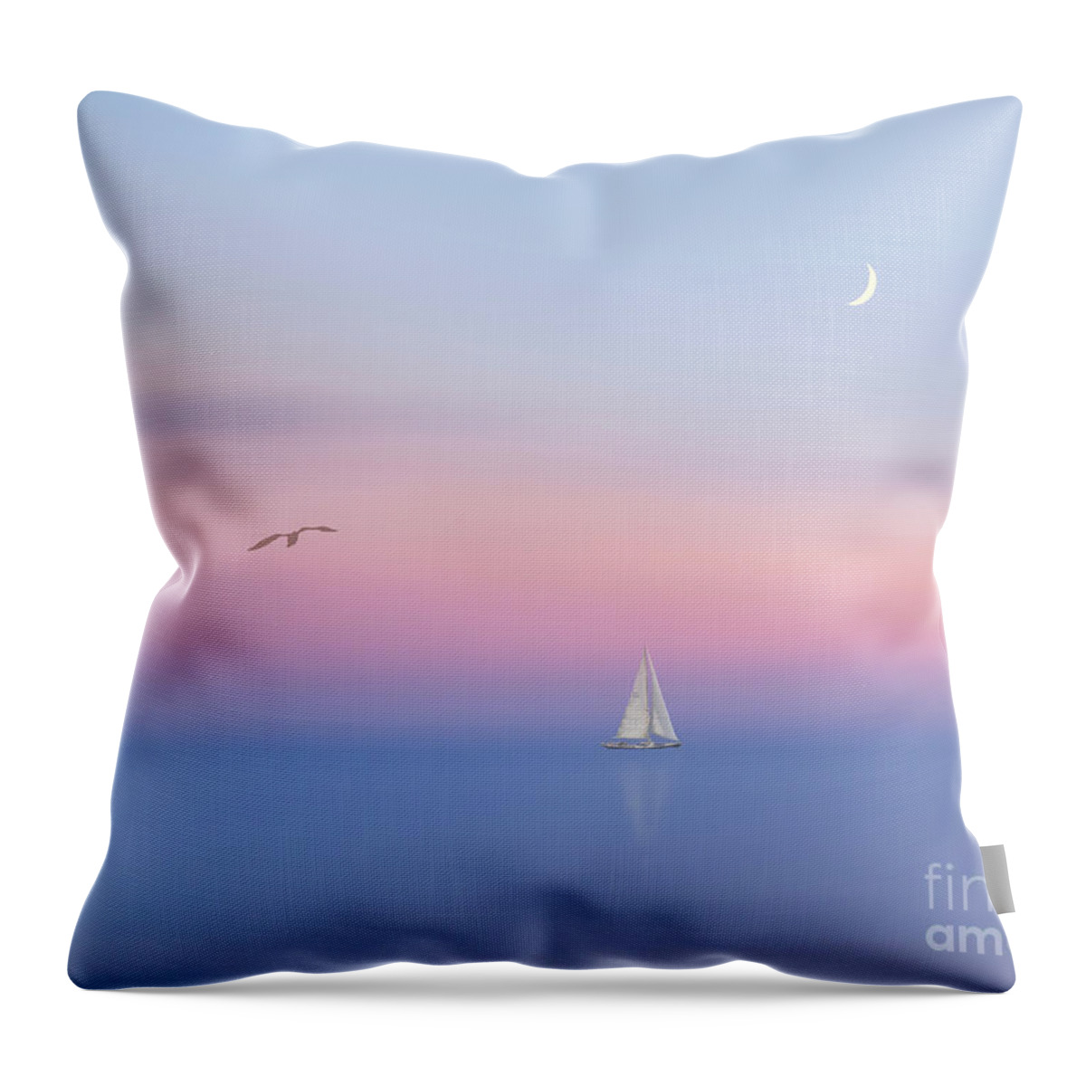 Sail Sunset Soft Gentle Calmness Serenity Relaxation Restful Triangles Moon Bird Landscape Scenery Seascape Ship Boat Beautiful Delicate Touching Emotional Impressionism Impression Alone Lonely Loneliness Solitude Delightful Romantic Fairy Poetic Magical Still Spiritual Nostalgic Inspirational Uplifting Blue Pink White Minimal Minimalist Minimalism Sailing Three Ocean Relax Sweet Dreamy Dream Timeless Foggy Misty Pleasing Appealing Painterly Artistic Watercolor Pastel Fantasy Peaceful Dawn Dusk Throw Pillow featuring the photograph Serenity by Tatiana Bogracheva