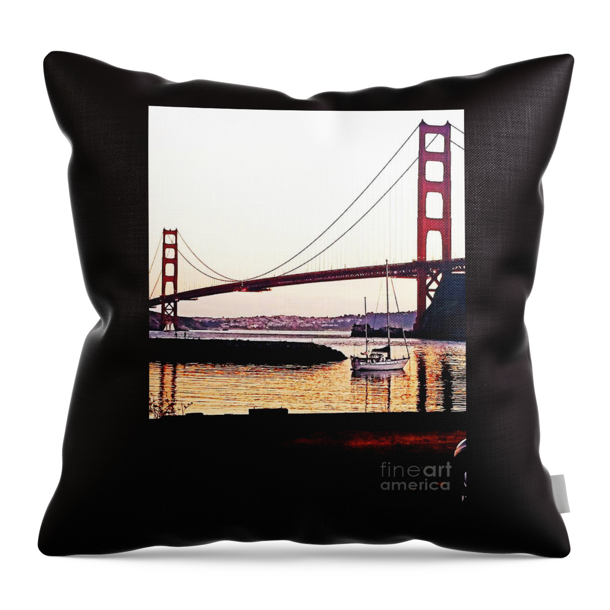 Golden Gate Bridge Throw Pillow featuring the painting SF Fog Meets October Sunset by Artist Linda Marie
