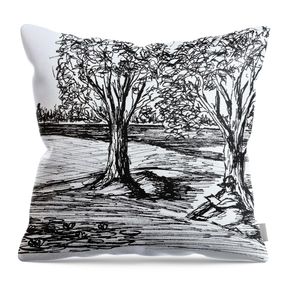Black And White Throw Pillow featuring the drawing Shade Trees by Tammy Nara