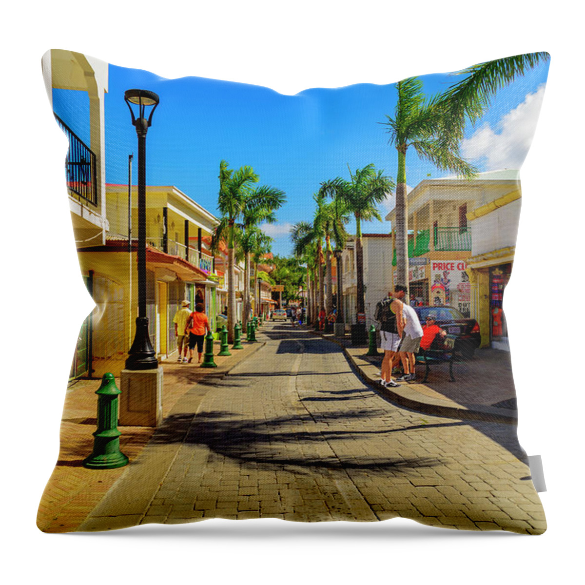 Trees; Travel; People; Color; Skies; Clouds Throw Pillow featuring the photograph Shopping in Saint Maarten by AE Jones