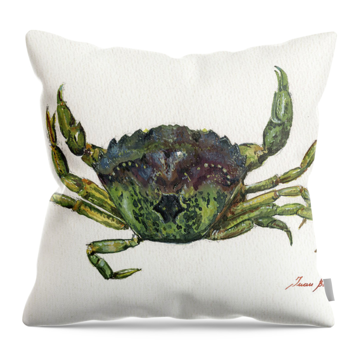 Shore Green Crab Art Throw Pillow featuring the painting Shore green crab by Juan Bosco