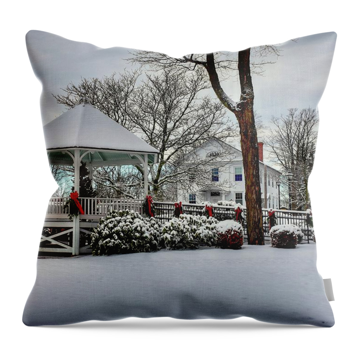 Shrewsbury Throw Pillow featuring the photograph Shrewsbury Town Common covered in snow by Monika Salvan