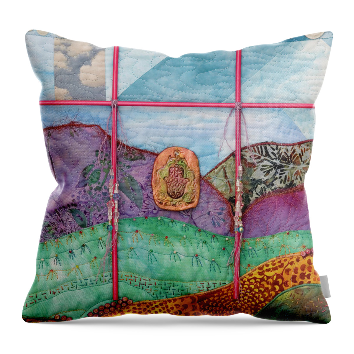 Fiber Art Throw Pillow featuring the mixed media Shrine to Land and Sky G by Vivian Aumond