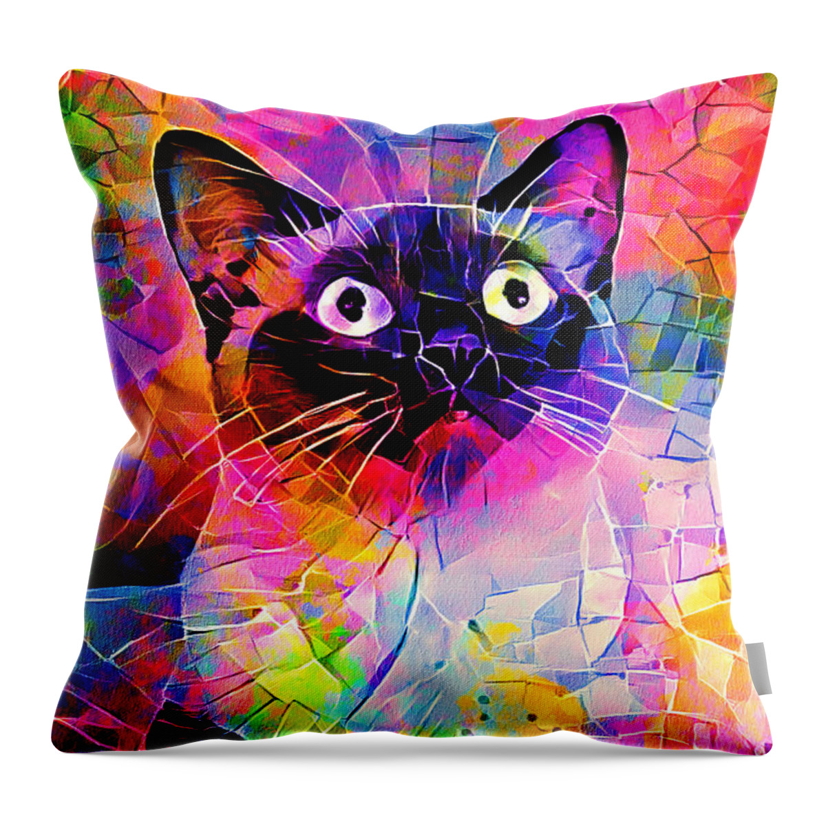 Alerted Cat Throw Pillow featuring the digital art Siamese cat with a worried expression - colorful irregular tiles mosaic effect by Nicko Prints