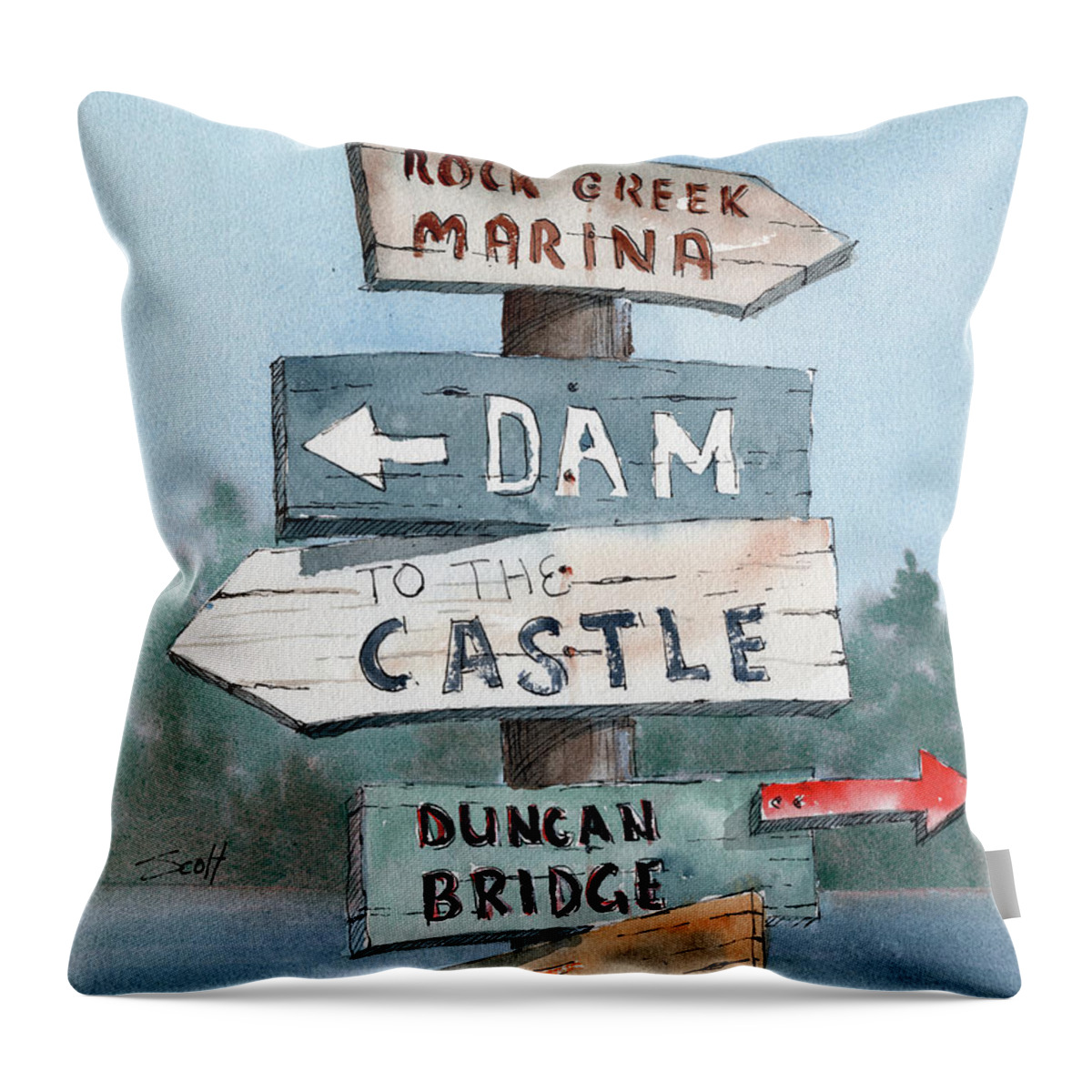 Watercolor Throw Pillow featuring the painting Sign Post #1 by Scott Brown