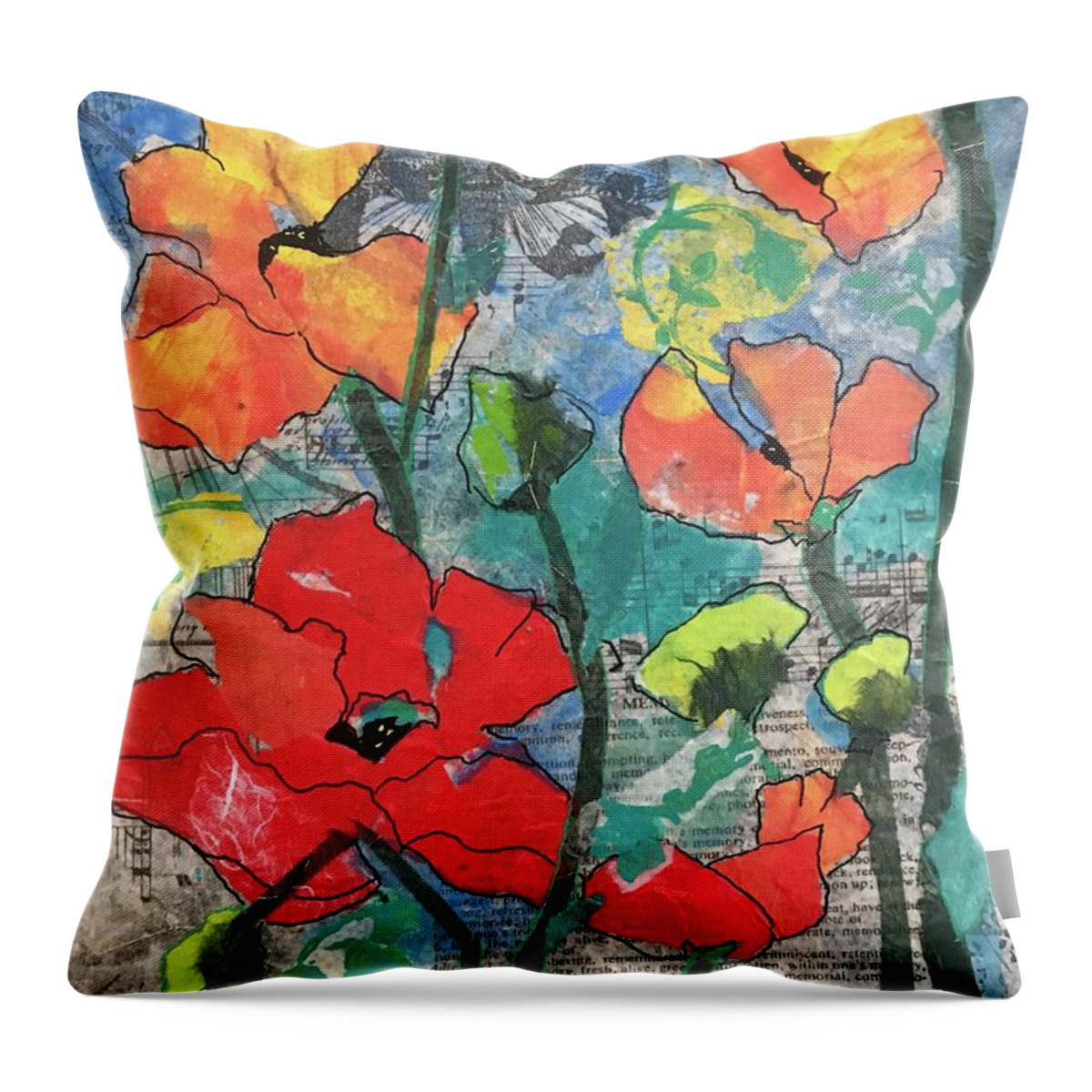 Poppies Throw Pillow featuring the painting Singing poppies by Elaine Elliott
