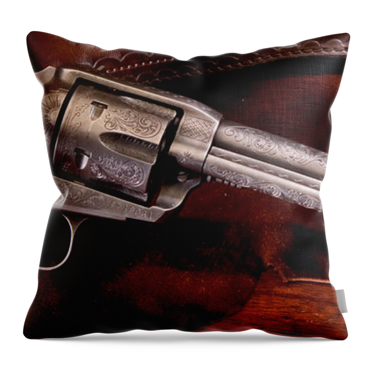 Single Throw Pillow featuring the photograph Single Action Revolver by Action