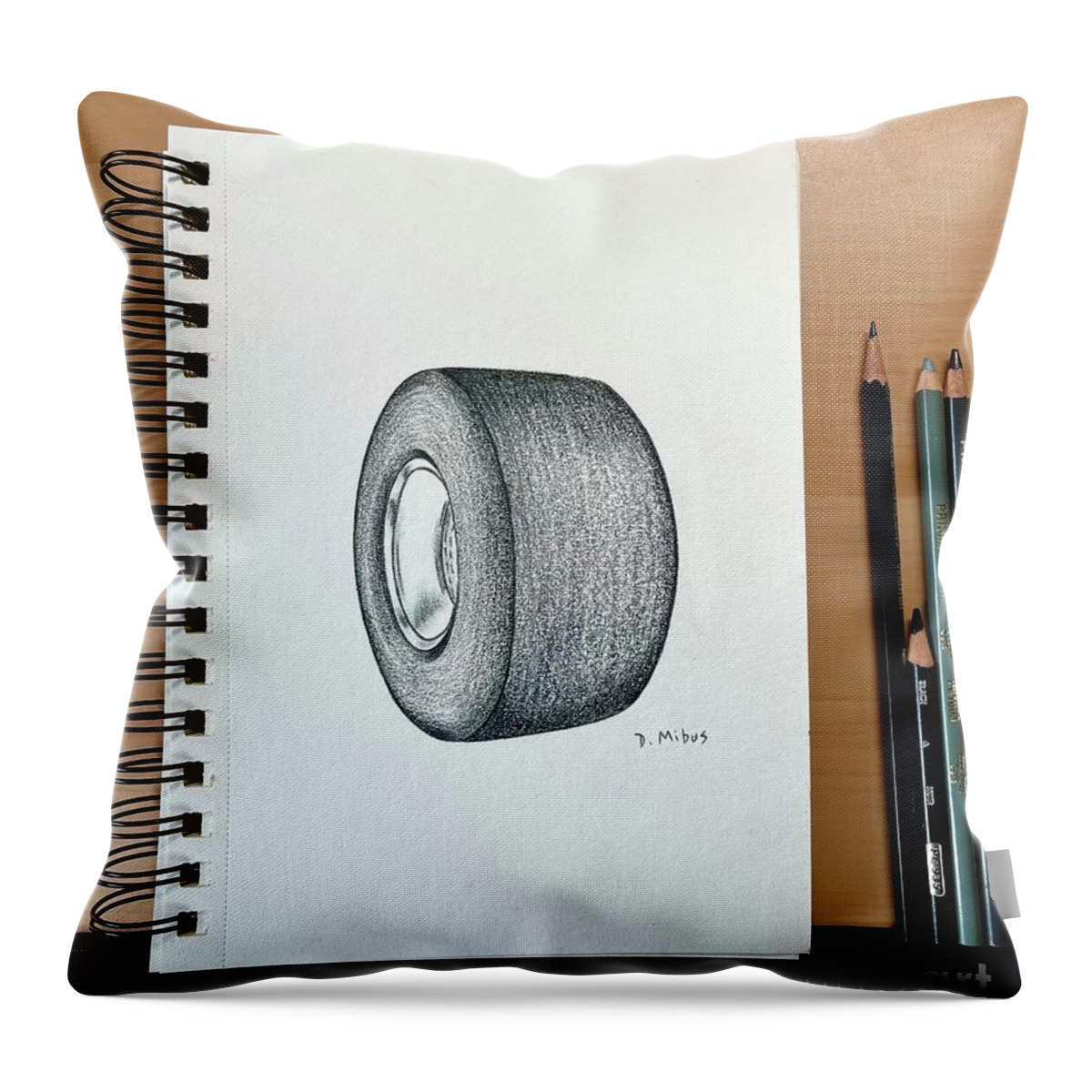 Throw Pillow featuring the drawing Sketch of Drag Racer wheel by Donna Mibus