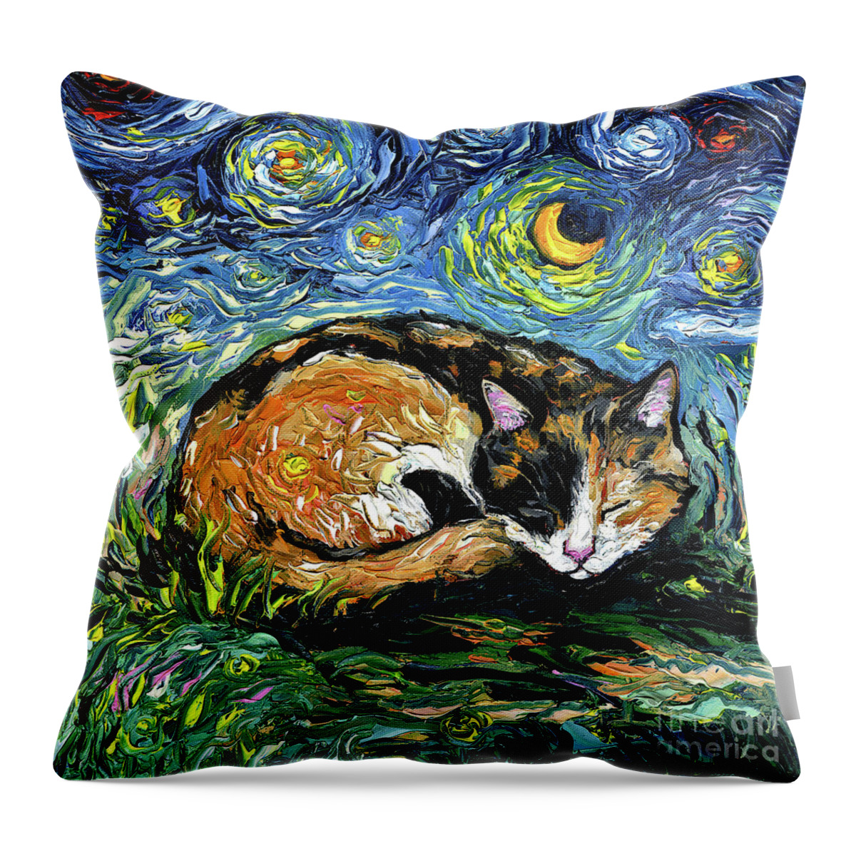 Calico Throw Pillow featuring the painting Sleepy Calico Night by Aja Trier