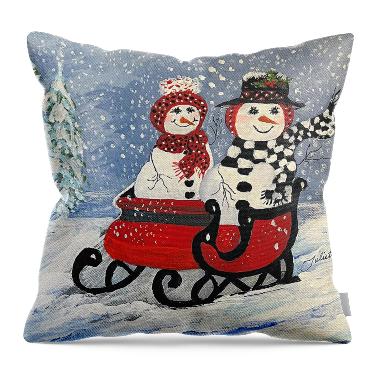 Snowman Throw Pillow featuring the painting Sleighride in the Snow by Juliette Becker