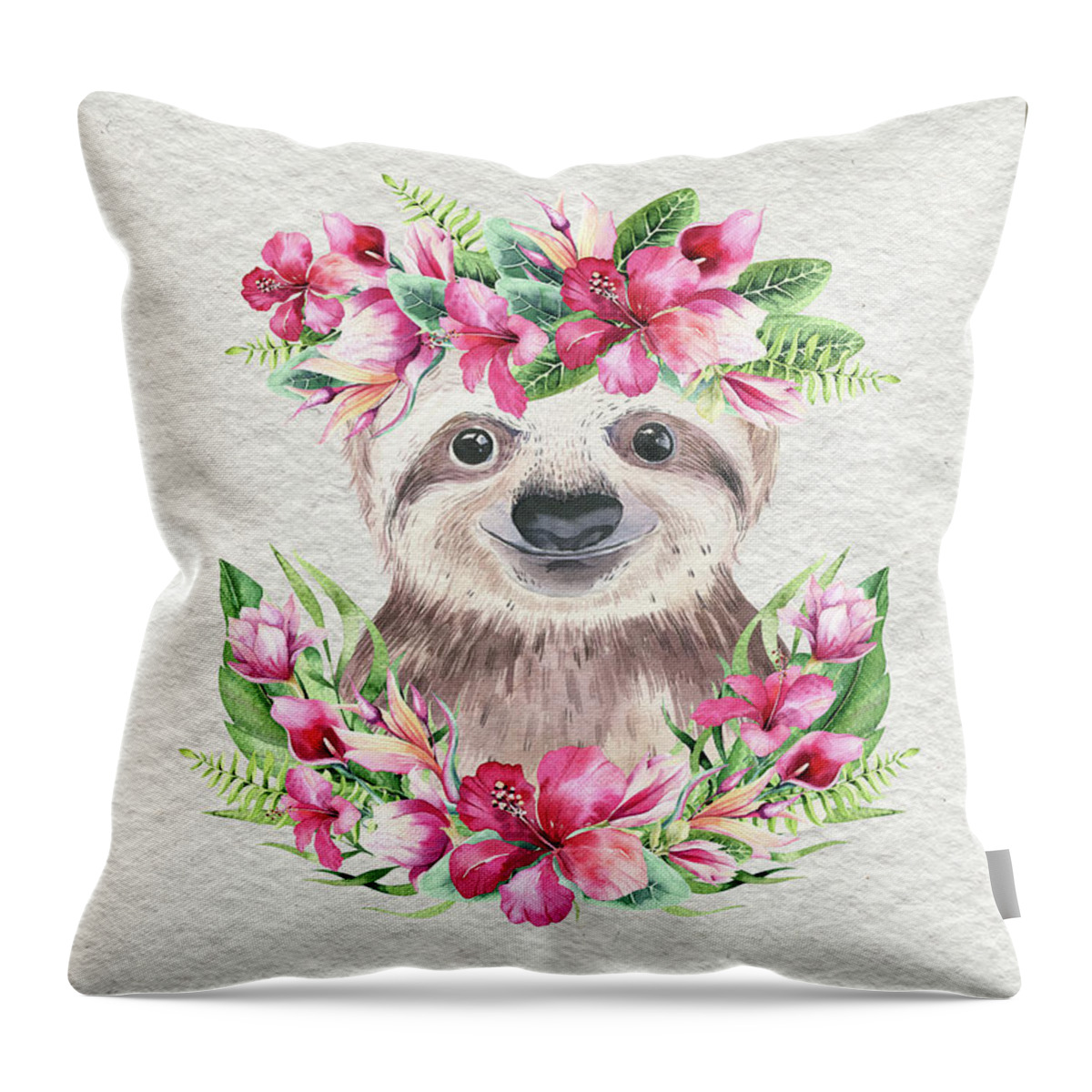 Sloth With Flowers Throw Pillow featuring the painting Sloth With Flowers by Nursery Art