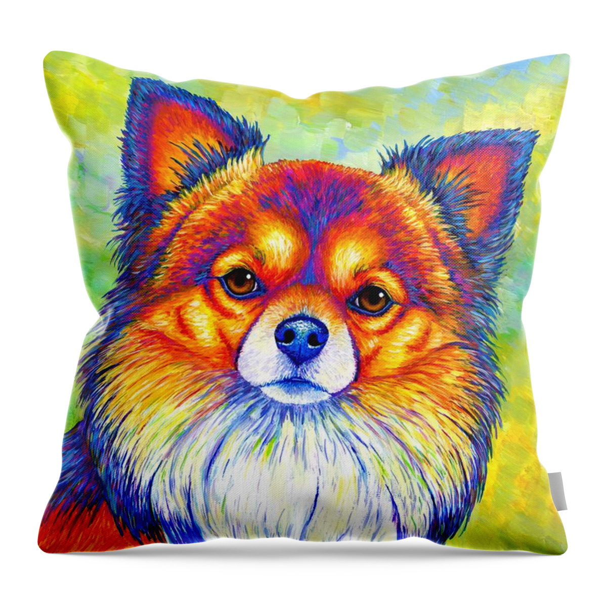 Chihuahua Throw Pillow featuring the painting Small and Sassy - Colorful Rainbow Chihuahua Dog by Rebecca Wang