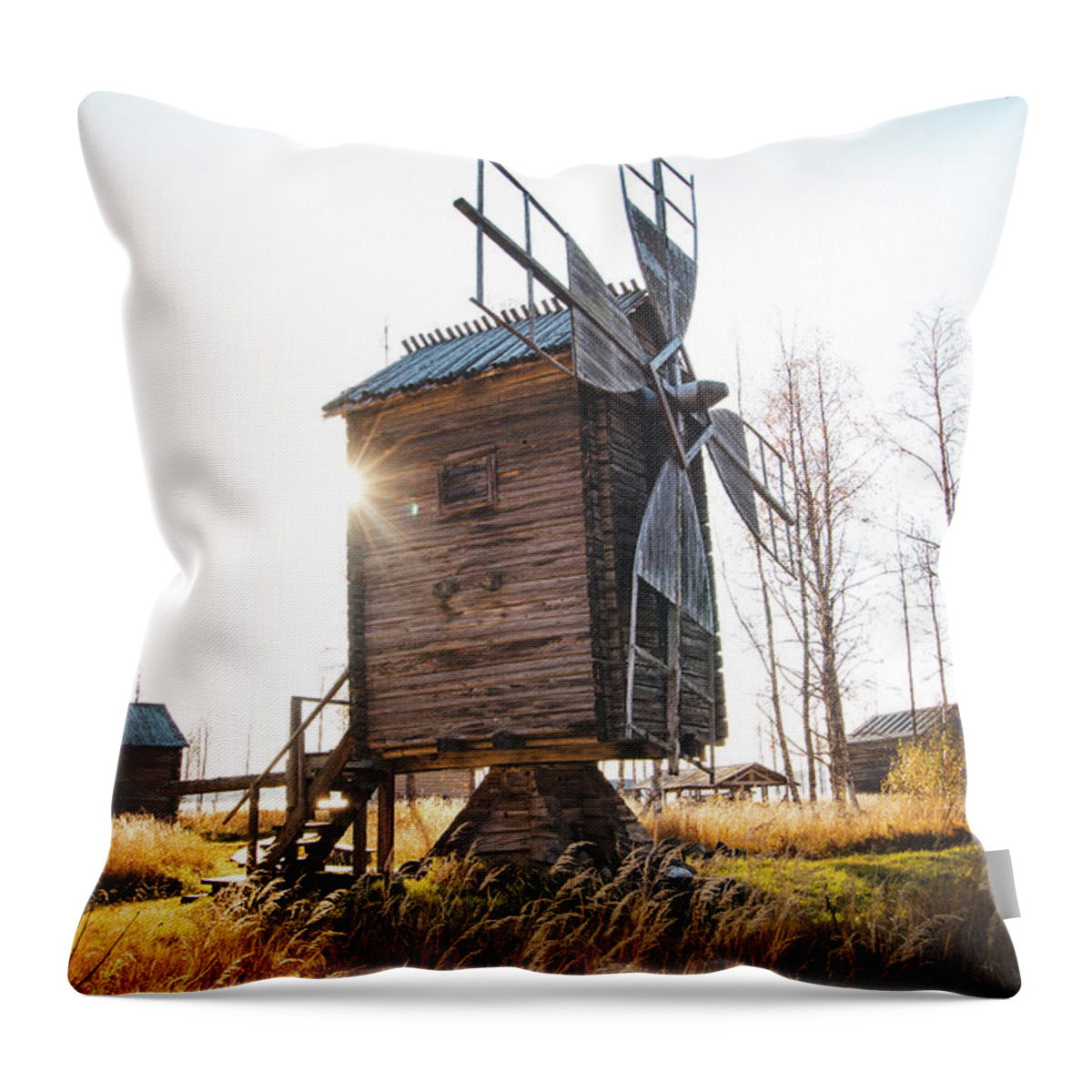 Medieval Throw Pillow featuring the photograph Small wooden mill with beautiful sun star by Vaclav Sonnek