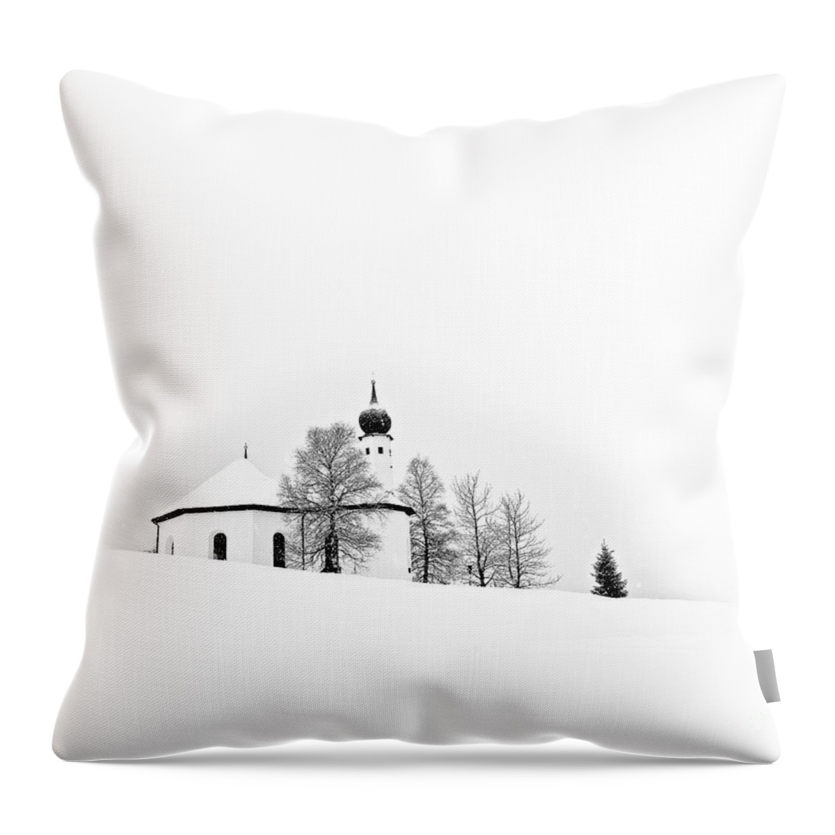 Cozy Snow Winter Austria White Trees Church Stylish Contemporary Conceptual Christmas Atmospheric Peaceful Beautiful Delightful Delicate Gentle Soft Snowdrifts Painterly Graphical Black Mono B&w Minimal Minimalist Minimalism Simplistic Simple Attractive Restful Relaxing Drawing Graphics Covered Xmas Season Greetings Enjoyable Cold Freezing Warm Calm Card Tranquility Relaxation Serene Singular Scenery View Magical Fairy Tale Elements Poetic Artistic Tranquility Snowing Snowfall Spiritual Inspire Throw Pillow featuring the photograph Snow, Cosy Snow, White Christmas by Tatiana Bogracheva