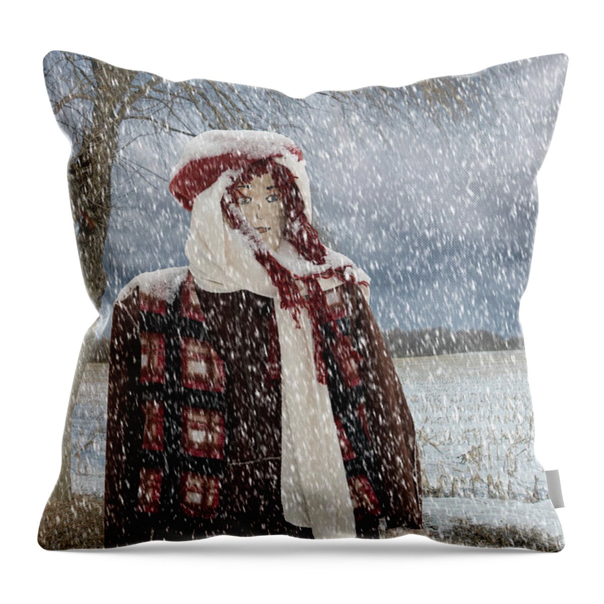 Snow Throw Pillow featuring the mixed media Snow Girl by Moira Law