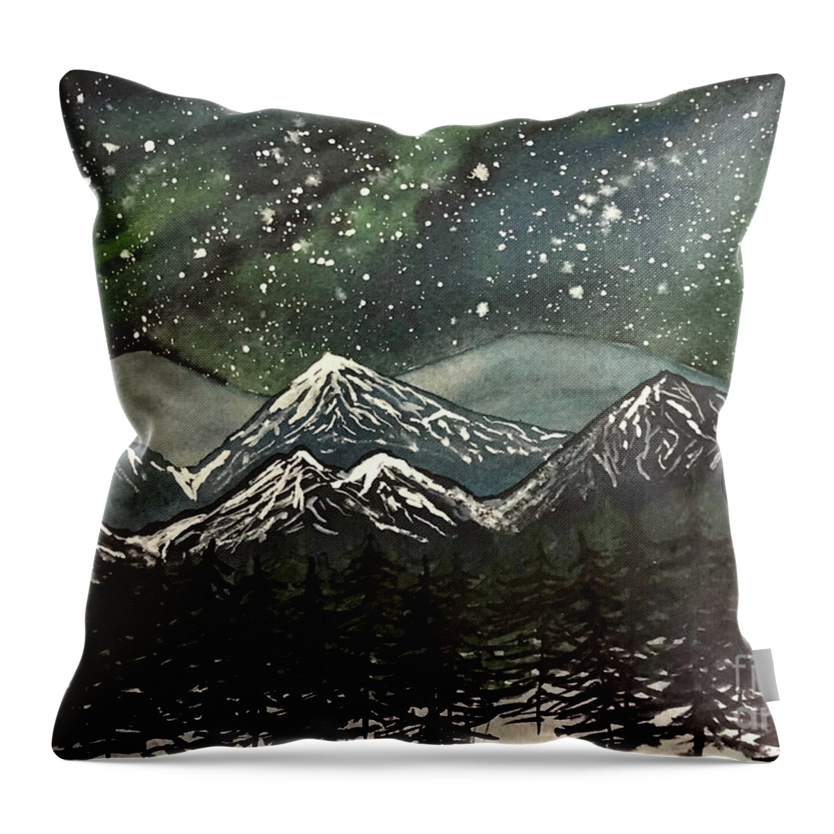 Snowy Mountains Throw Pillow featuring the painting Snowy Mountains with Aurora by Lisa Neuman