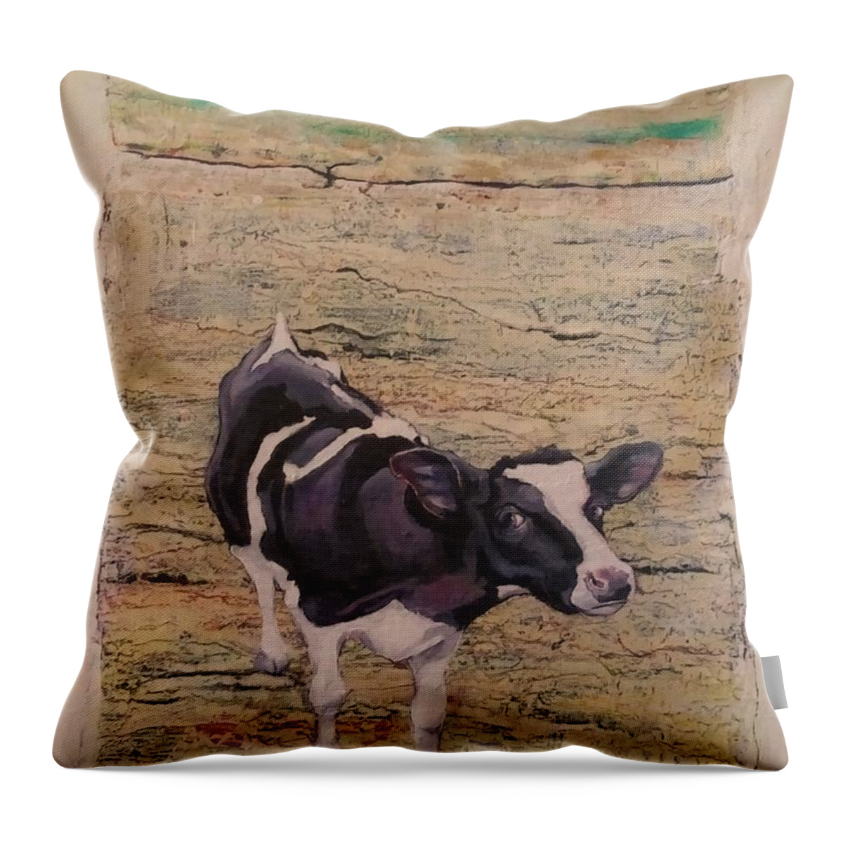 Cow Throw Pillow featuring the painting Something in the Way She MOOS by Jean Cormier